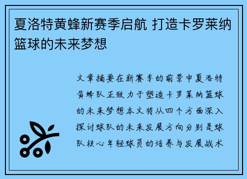 夏洛特黄蜂新赛季启航 打造卡罗莱纳篮球的未来梦想 夏洛特黄蜂新赛季启航 打造卡罗莱纳篮球的未来梦想