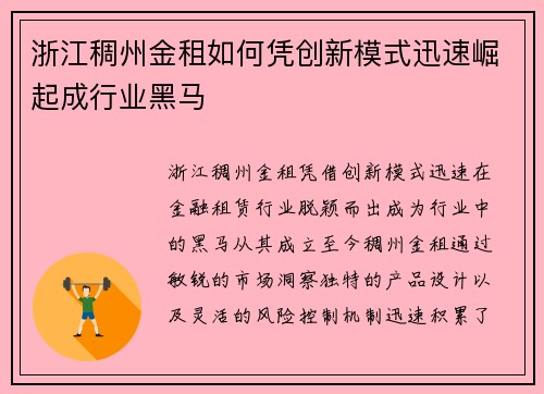 浙江稠州金租如何凭创新模式迅速崛起成行业黑马 浙江稠州金租如何凭创新模式迅速崛起成行业黑马