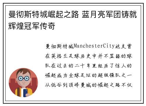 曼彻斯特城崛起之路 蓝月亮军团铸就辉煌冠军传奇 曼彻斯特城崛起之路 蓝月亮军团铸就辉煌冠军传奇