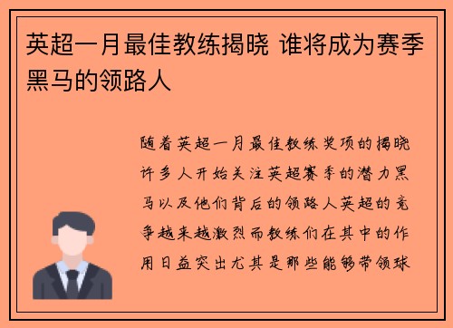 英超一月最佳教练揭晓 谁将成为赛季黑马的领路人 英超一月最佳教练揭晓 谁将成为赛季黑马的领路人